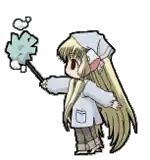 a cartoon drawing of a girl holding a duster