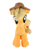 a stuffed pony wearing a cowboy hat has apples on its chest