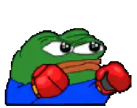 a pixel art of a green frog wearing red boxing gloves on a white background .
