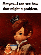 a boy with a crown on his head is holding a cup of coffee