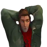 a man with his hands behind his head wearing a spiderman shirt
