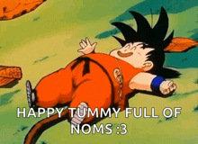 a cartoon character is laying on the ground with the words `` happy tummy full of noms : 3 '' written on it .