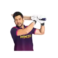 a man in a winzo shirt swings a bat at a ball