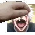 a close up of a hand covering a man 's face with his tongue out .