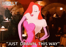 a cartoon character in a pink dress and gloves is standing in front of a crowd of people .