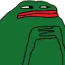 a green frog with a red scarf around its mouth is making a sad face .