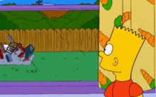 bart simpson is looking out of a window at homer simpson laying on the ground