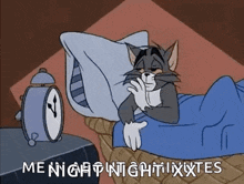 a cartoon of tom and jerry sleeping in bed with an alarm clock .