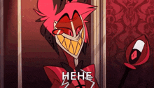 a cartoon character with red hair and big teeth is holding a microphone and smiling .