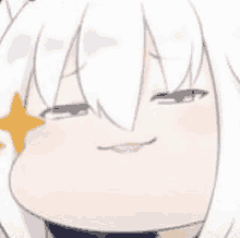 a close up of a cartoon character 's face with a star in her eye .