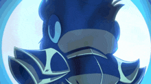 a close up of a cartoon character 's face with blue eyes