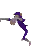 a purple monkey is dancing with a stick in his hand .