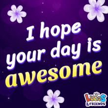 a lucas & friends greeting card with purple flowers