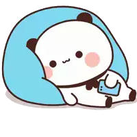 a cartoon panda bear is laying on a blue pillow and holding a cell phone