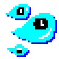 a pixel art drawing of a blue ghost with black eyes and a white mouth .