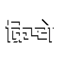 a black and white logo with a foreign language in the upper left corner