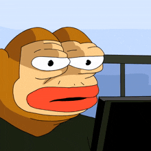 a cartoon monkey with red lips looking at a computer screen