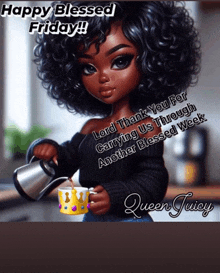 a cartoon of a woman pouring coffee into a cup with the words happy blessed friday
