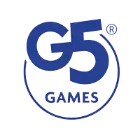 a blue logo for g5 games with a circle around it