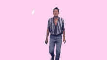 a man in a striped shirt and jeans is surrounded by a white line on a pink background