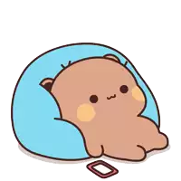 a cartoon bear is laying on a blue cushion