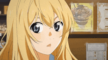 a blonde anime girl is standing in front of a shelf with a sign that says ' bread ' on it