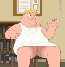 peter griffin from family guy is smoking a cigarette while wearing a white tank top