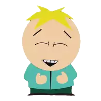 a cartoon character with yellow hair and a blue jacket is smiling
