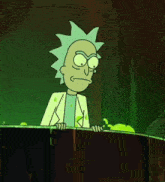a cartoon character named rick from rick and morty is standing next to a green wall