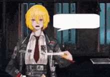 a girl with blonde hair and a speech bubble is holding a knife in a video game .