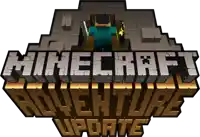 a logo for minecraft adventure update with a slender man on top
