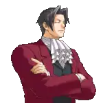 a pixel art of a man in a red suit and white tie .