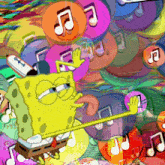 a cartoon drawing of spongebob surrounded by music notes and cds