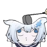 a cartoon character with a microphone on her head and a blue cross on her forehead .