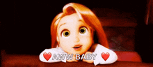 a cartoon girl with red hair and green eyes is holding a heart and saying aww baby .
