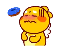 a yellow cartoon character with a blue donut on top of his head