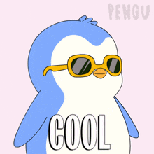 a penguin wearing sunglasses with the word cool written on it