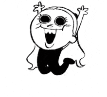 a black and white drawing of a cartoon character with big eyes and a smile on his face .