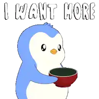 a penguin holding a bowl with the words " i want more " written above it