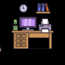 a man in a suit sits in a chair in front of a desk with a computer and a printer