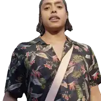 a man wearing a hat and a hawaiian shirt