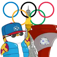 a cartoon of a penguin holding a torch in front of the olympic rings and the eiffel tower