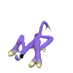 a purple monkey with a big eye is laying on its back