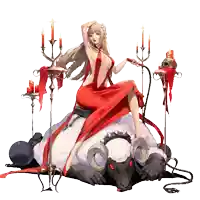 a woman in a red dress is sitting on top of a sheep