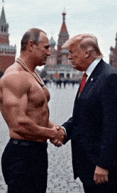 a shirtless man shakes hands with donald trump in front of a red brick building