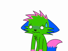 a cartoon of a green and blue animal with a surprised look on his face
