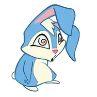 a blue and white cartoon rabbit with a swirl around its eyes