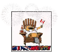 a cartoon bear sitting in a chair holding a canadian flag and a bottle of beer