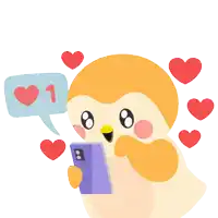 a cartoon bird is holding a cell phone with hearts around it and a speech bubble with the number 1 in it