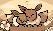 a pixel art drawing of two eevees sleeping on top of each other